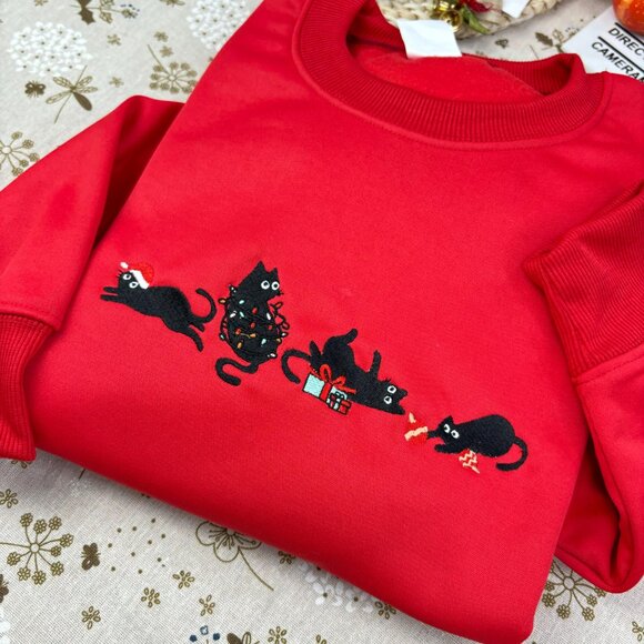 Christmas Cute Cat Embroidered Sweatshirt, Embroidered Funny Christmas Hoodie - Picture 2 of 7